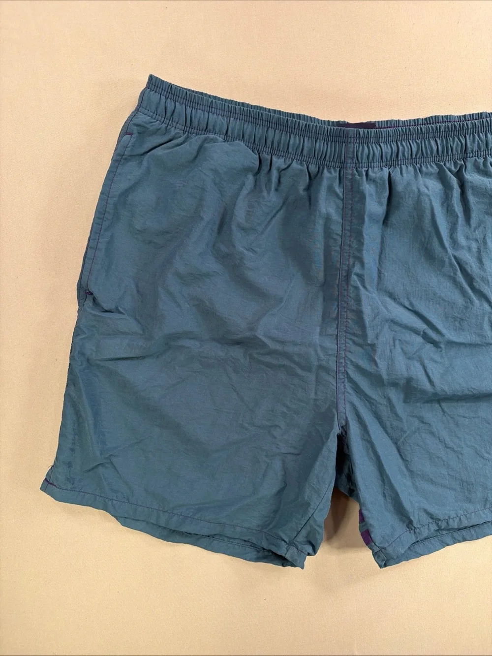 Vintage Men's Teal Elastic-Waist Swim Trunks with Embroidered Logo Patch
